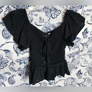 Trendy J’s Black On Off Shoulder Lace Up Front Pheasant Crop Top EPC